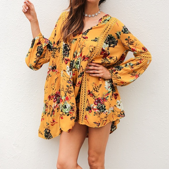 Sexy marigold floral long sleeve casual dress - Picture 3 of 6
