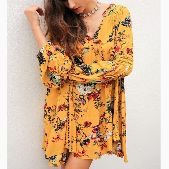 Sexy marigold floral long sleeve casual dress - Picture 2 of 6