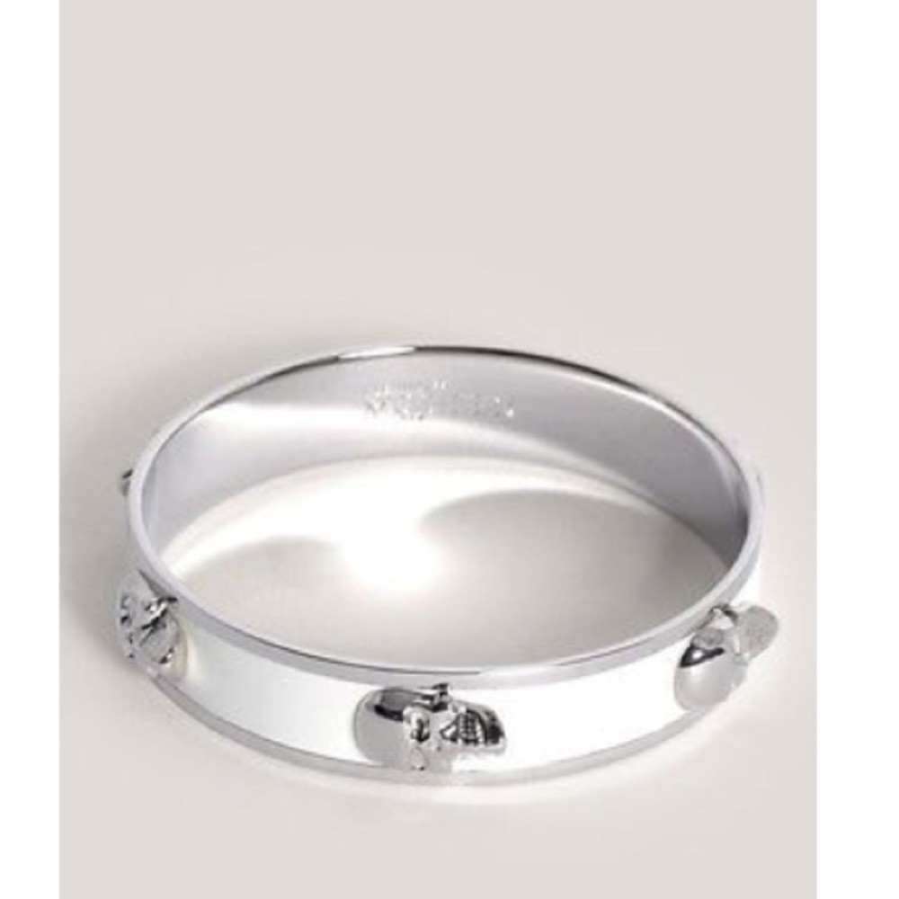 McQueen White Enamel Silver 3D Skull Bangle.