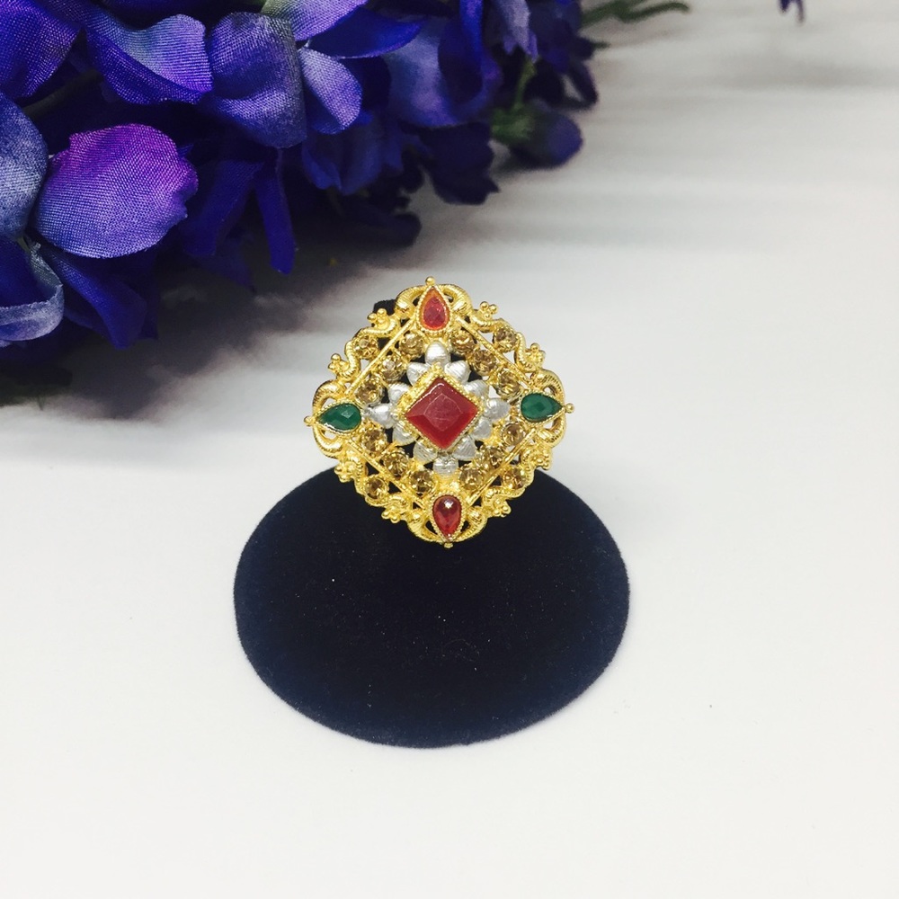 Gold red and green statement ring