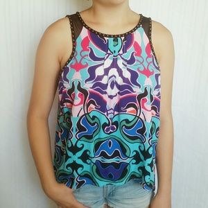 NICOLE MILLER Colorful Sleeveless Studded Top sz L