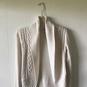 White, knit, open cardigan.