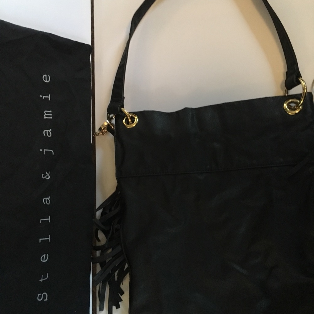 Black fringed shoulder bag with gold trim