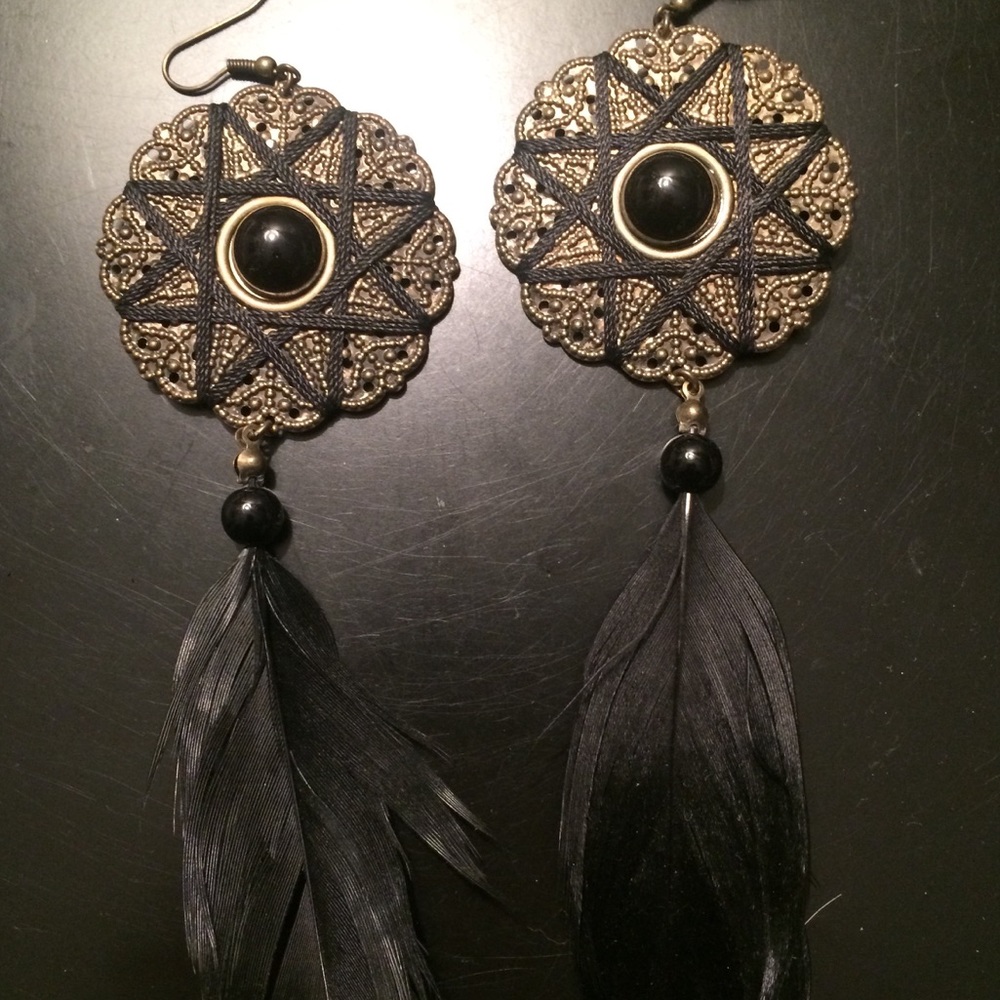 Black and Matte Gold Feather Earrings