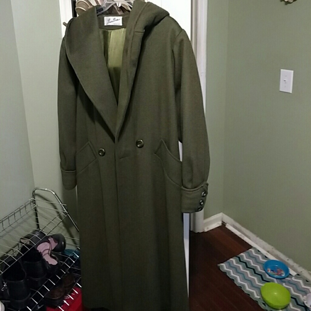 Full length olive wool blend winter coat