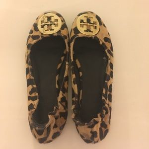 Tory Burch pony hair leopard print flats.