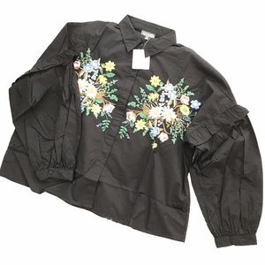 IWA46 - Black Floral Embroidered Shirt NWT