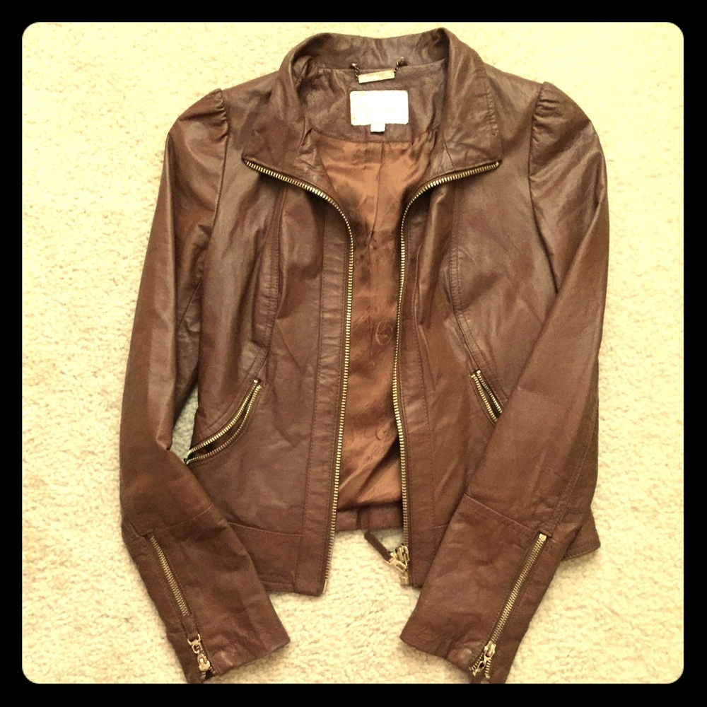 Brown leather jacket with scarf