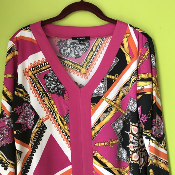 Elementz Long Sleeve Damask Belt Print Color Top L - Picture 4 of 7