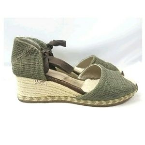 UGG Olive Green Leather Jute Rope Wedge Sandals 9