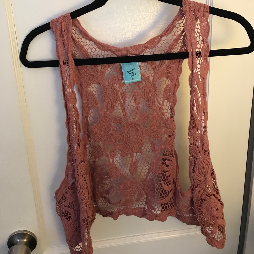 Dusty pink crocheted lace overlay vest