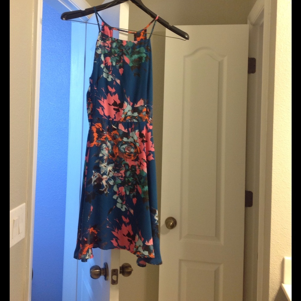 Blue Floral Spaghetti Strap Dress With Open Back