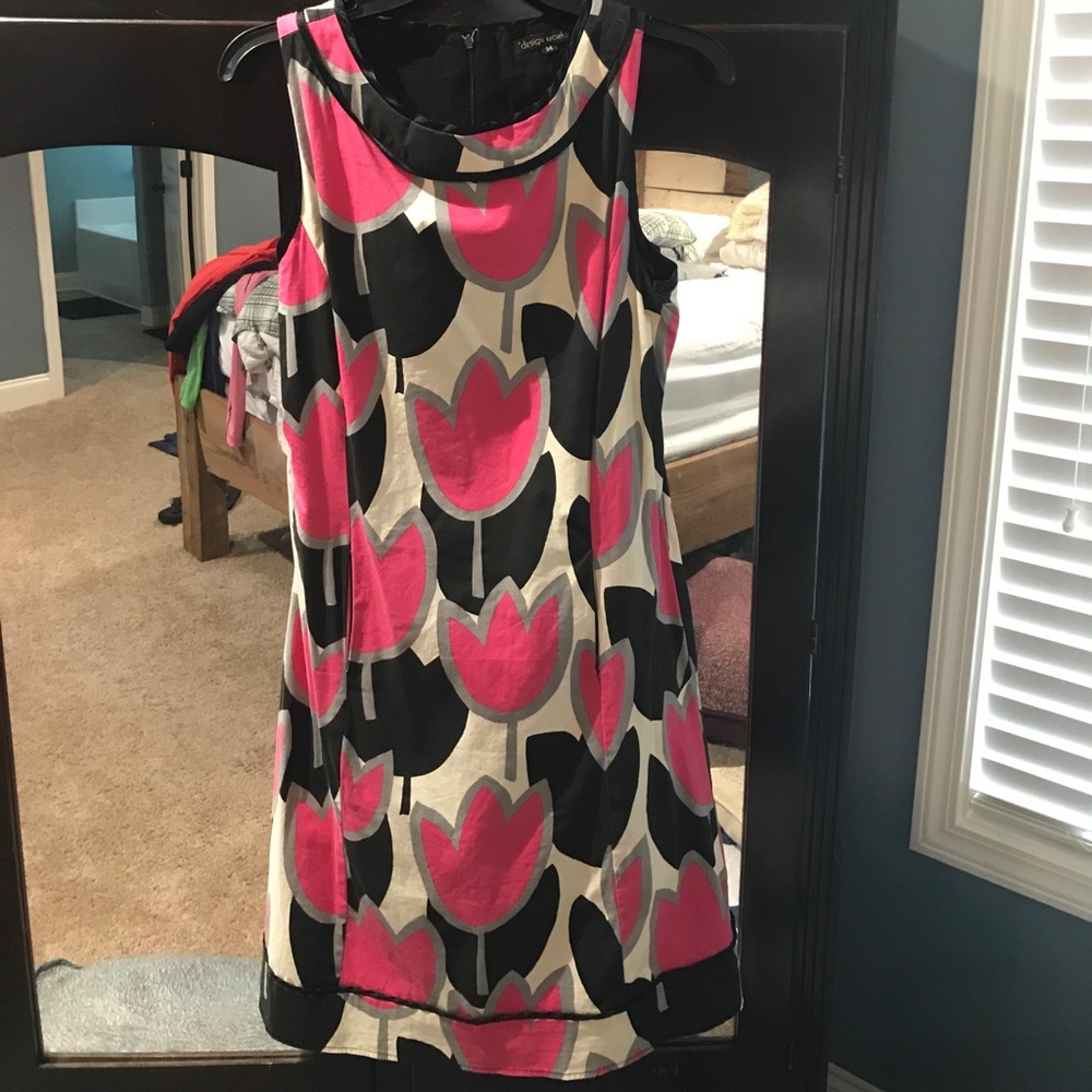 Black, pink, and cream tulip print dress