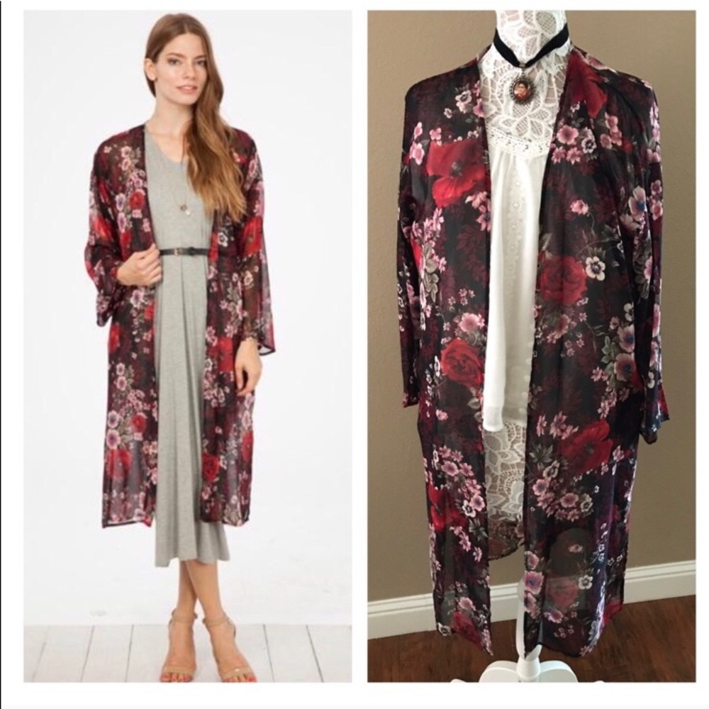 Open front long floral duster kimono cardigan