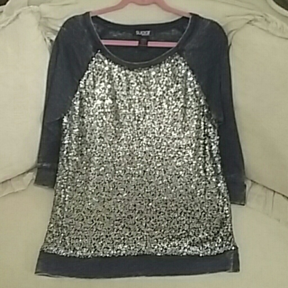 Sugar Rush Grey Top with Silver Sequins Large New