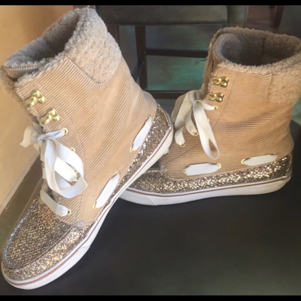 Gold sparkles high top sperry