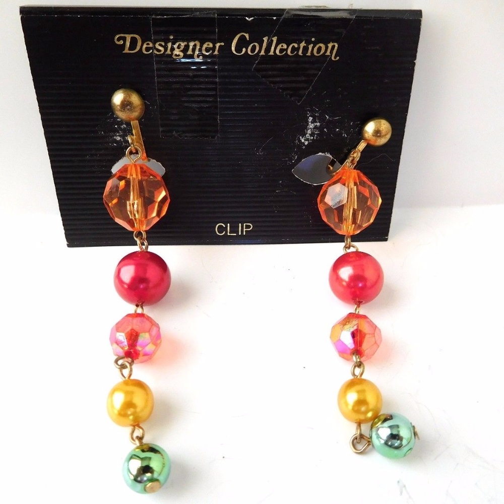 Vintage 1980's 1990's Long Dangle Clip-On Rainbow Colorful Ball Runway Earrings