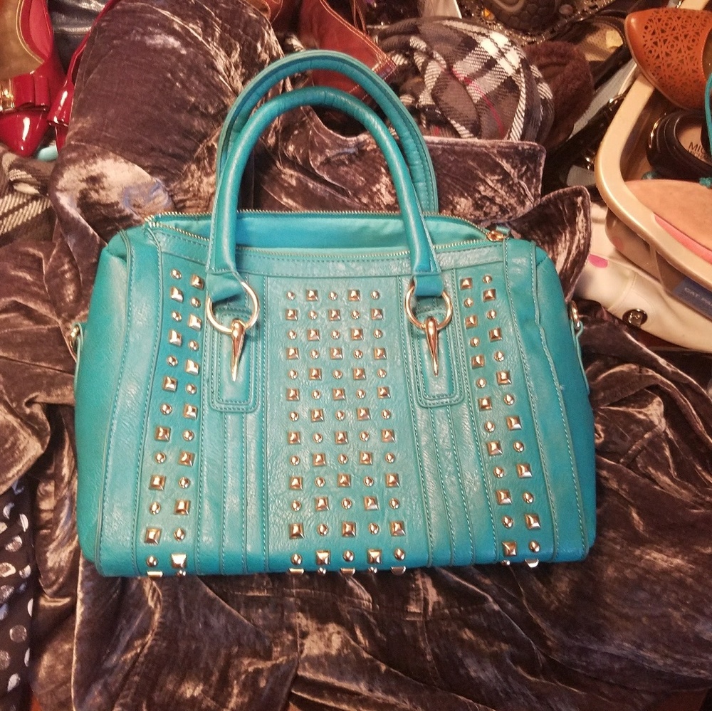 Black Rivet Vegan Bag, Turquoise with Gold Studs