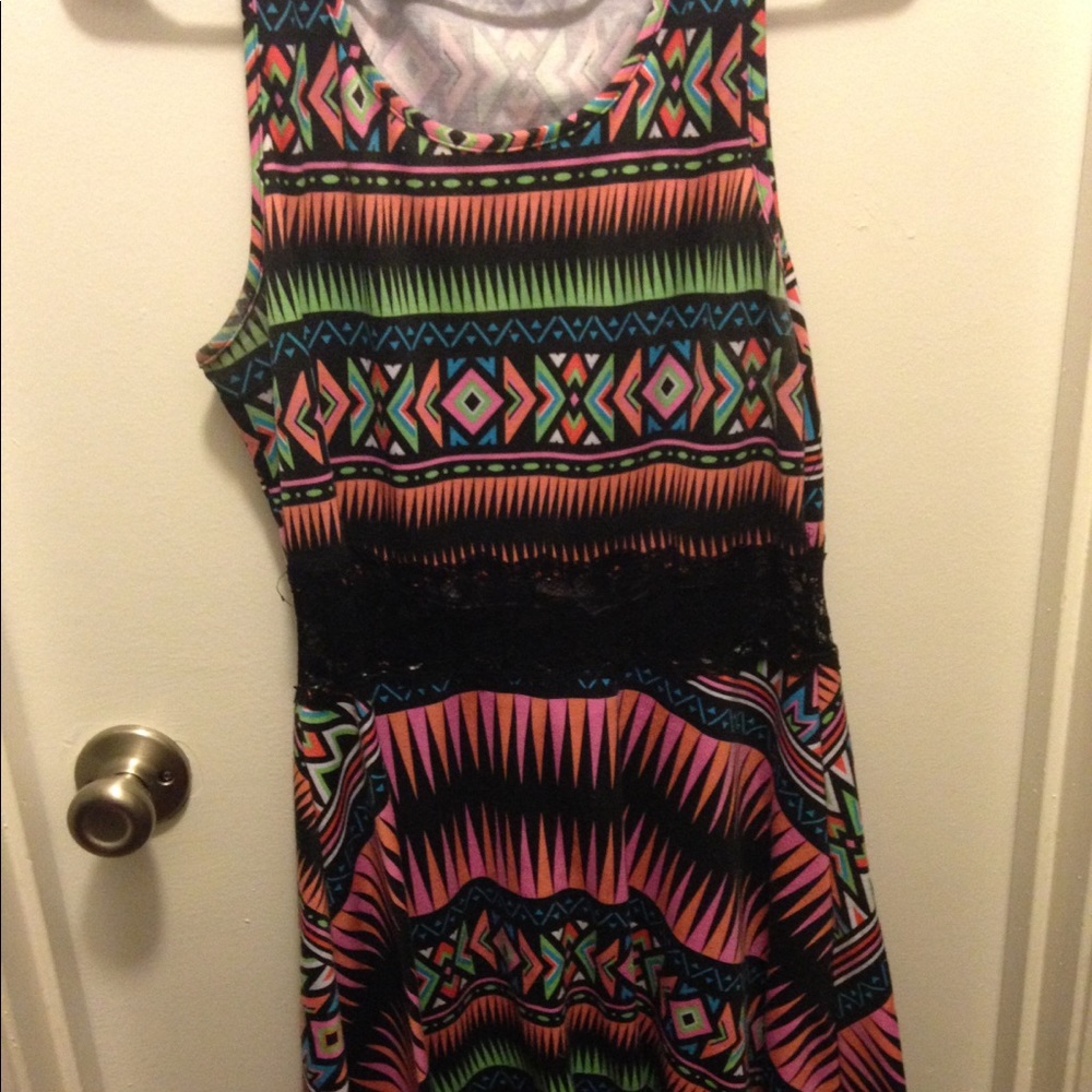 Neon Tribal Fit and Flare Skater Dress with lace