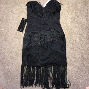 Bebe Holiday Black Strapless Fringy mini dress