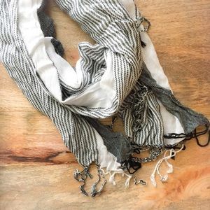 Striped Thin Scarf with Tassels Black and White