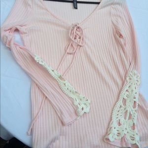Long sleeve cotton pink blouse w/front tie up