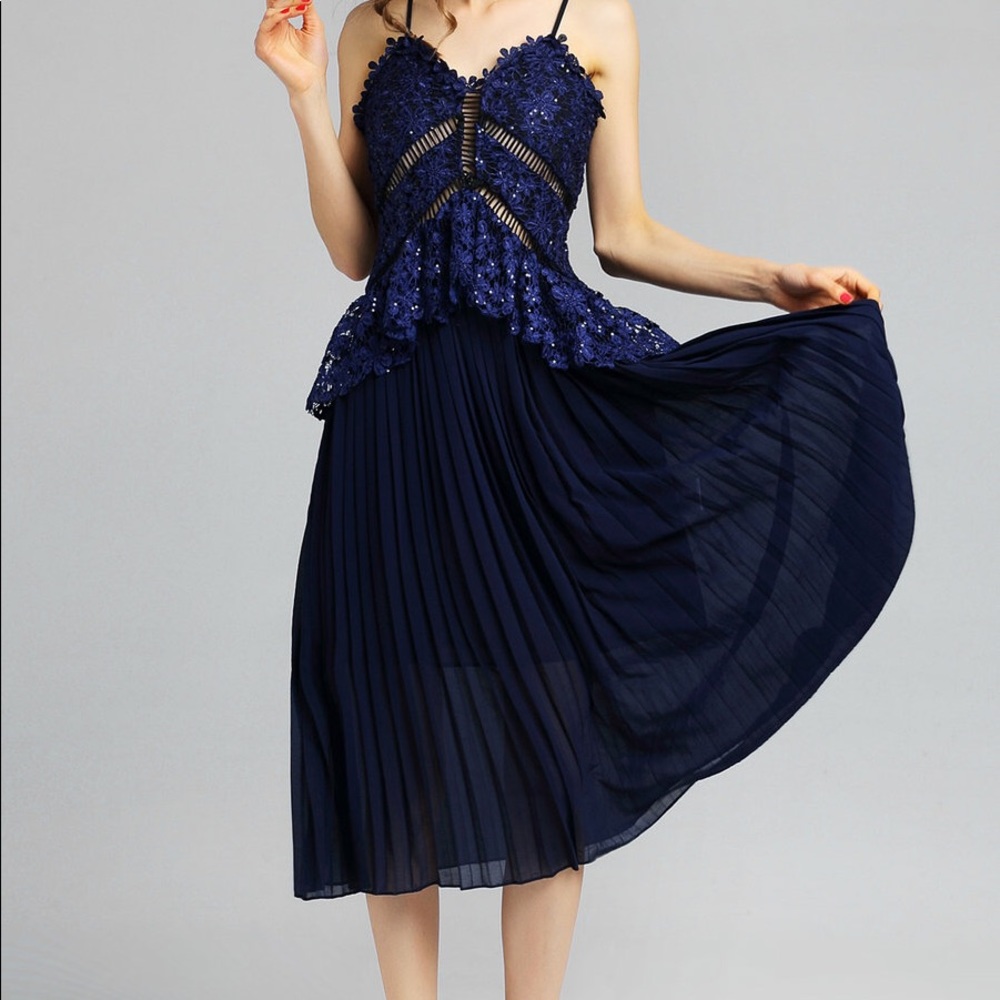 Dark Blue Cocktail A-Line Midi Dress