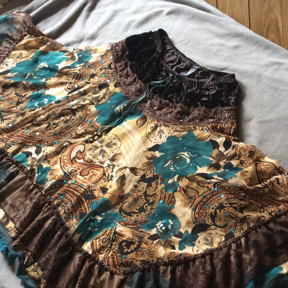 Floral Brown and Blue Tiered Circle Skirt