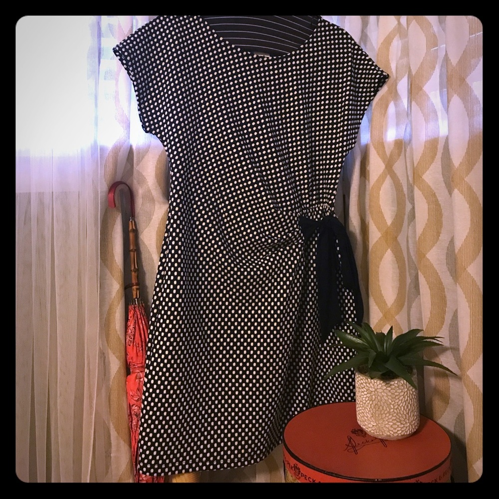 NWT Navy Polka Dot Faux Wrap Dress with Bow.