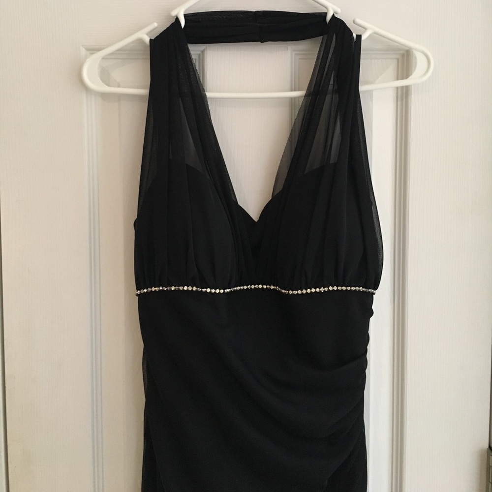 Black halter prom dress with rhinestones