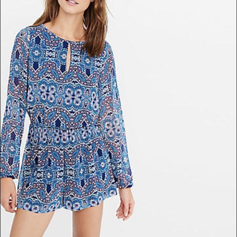 Express Blue Long Sleeve Boho Romper