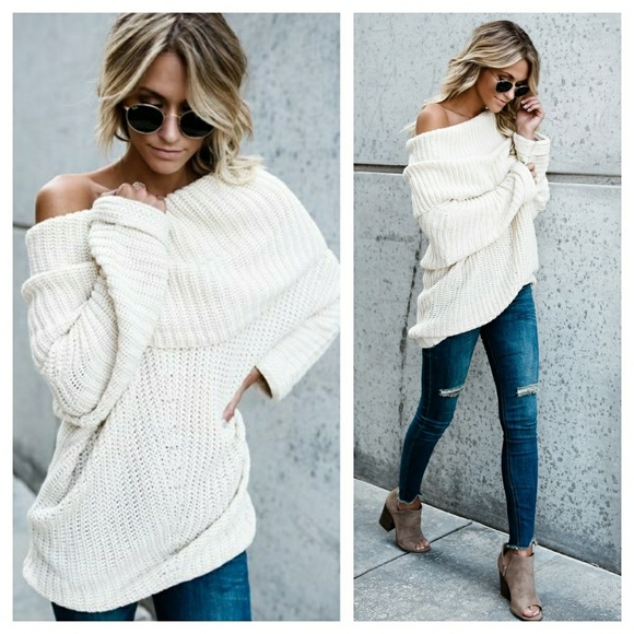 cream chunky foldover oversize sweater - Picture 2 of 5