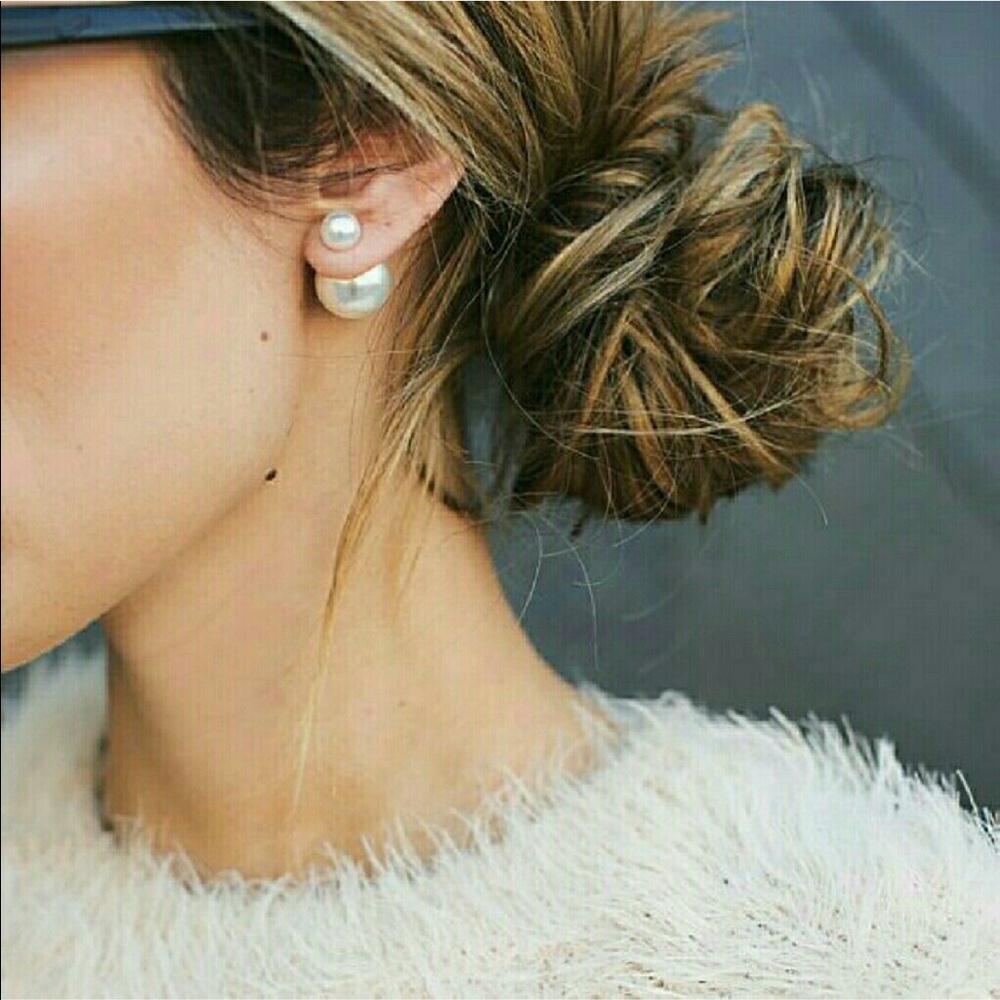 New Double Sided Pearl Like Gold Stud Earrings