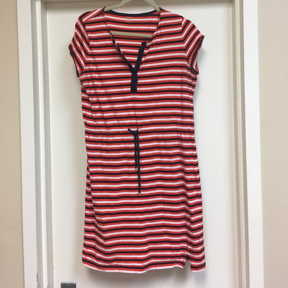 Orange, blue and white striped dress