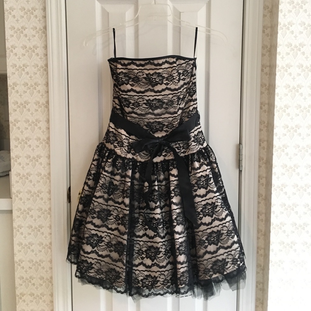 Black and champagne lace prom, homecoming dress