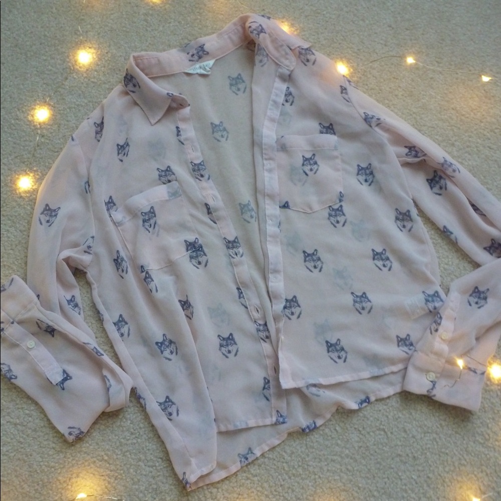 Sheer Pink Wolf-Print Collared Blouse