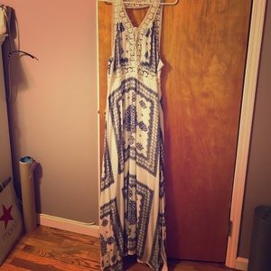 Blue and white pattern crochet maxi dress