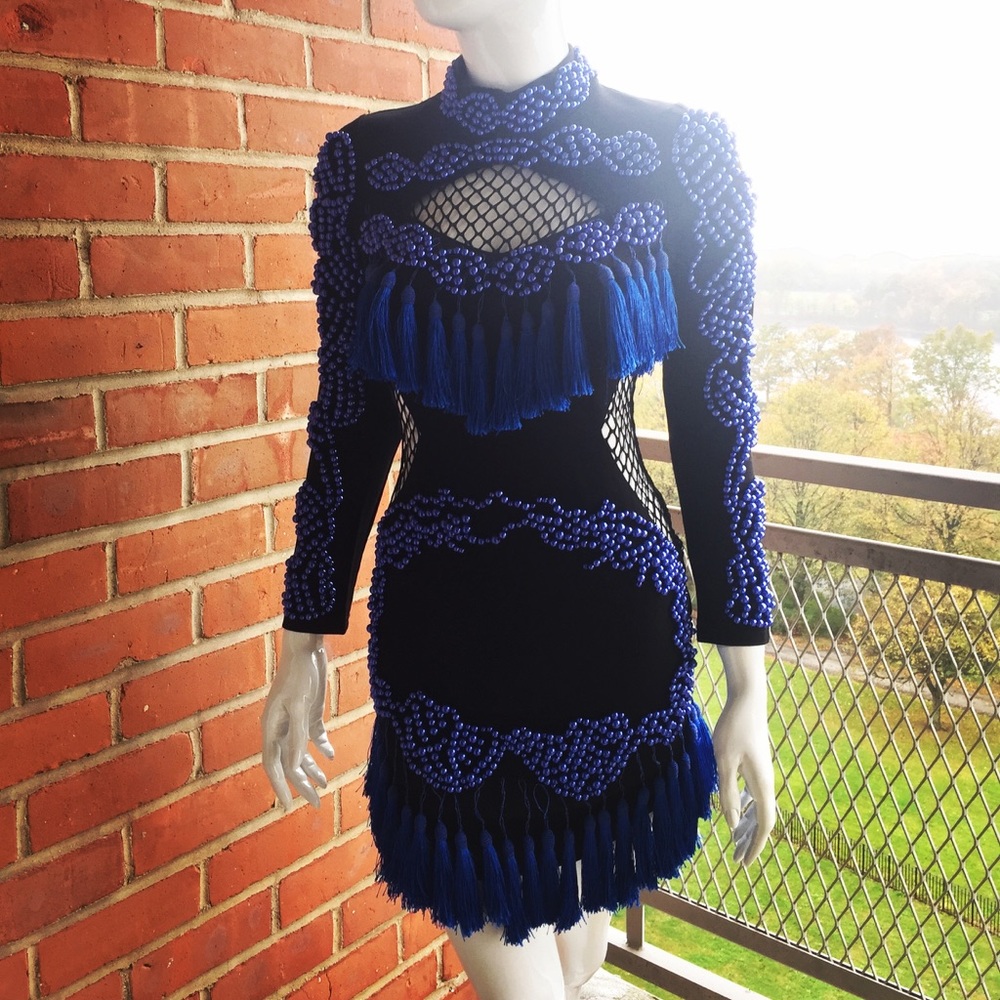 Pearl Embellished Perforated Tassel Dress