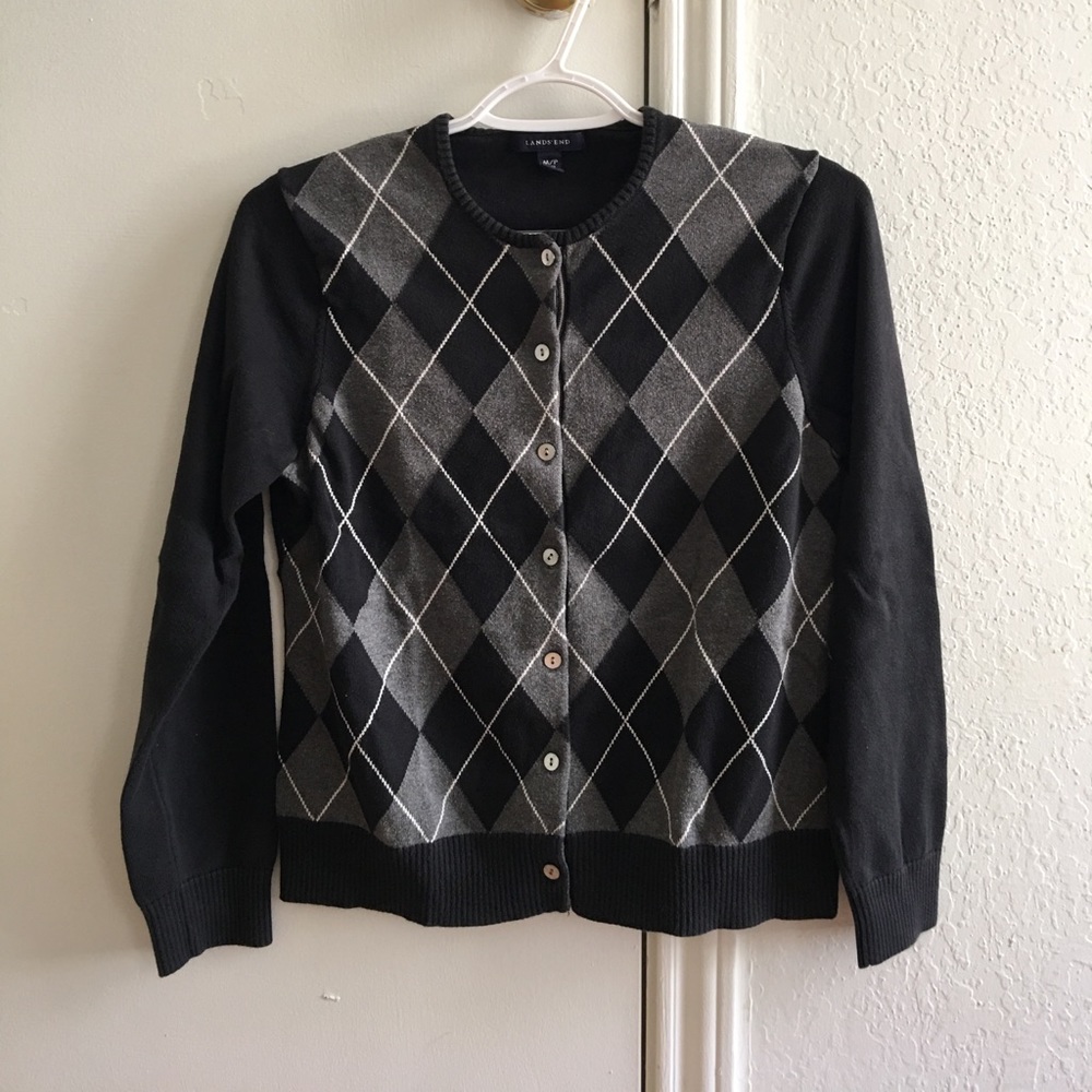 Lands’ End Black & Gray Argyle Cardigan