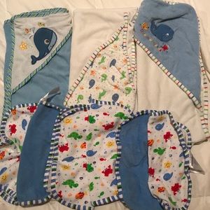 3 hooded whale towels and 6 wash clothes