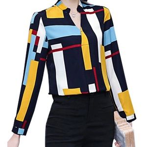 Women's Shirt Long Sleeve Colorblock Loose V Neck
