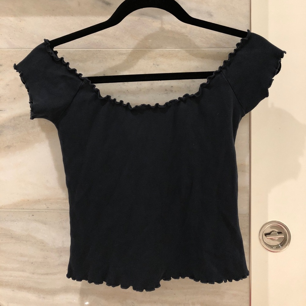 Brandy Off the shoulder navy ribbed top