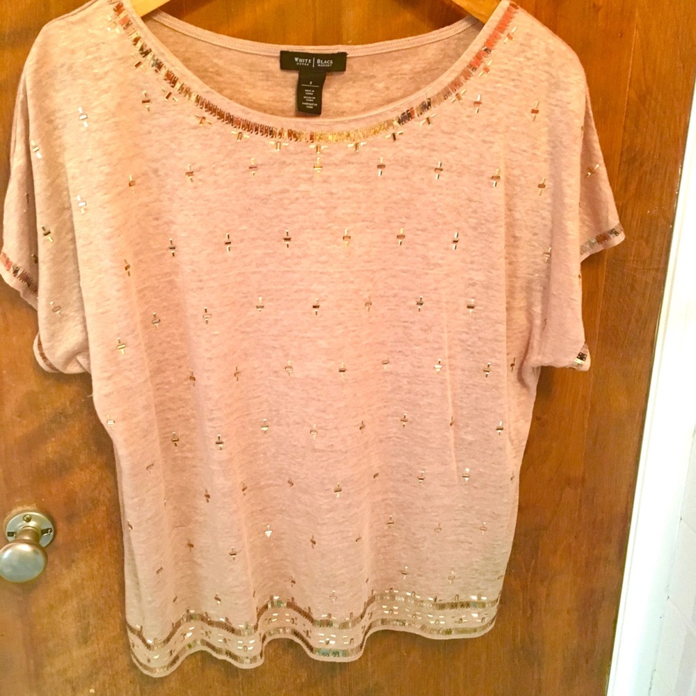 NWOT 100% Linen Tan top with gold embellishments.