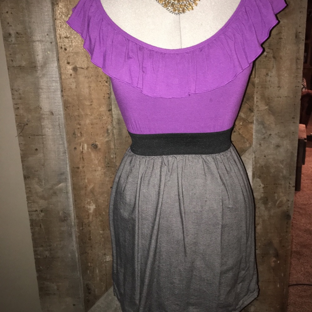 Purple, grey and black dress.