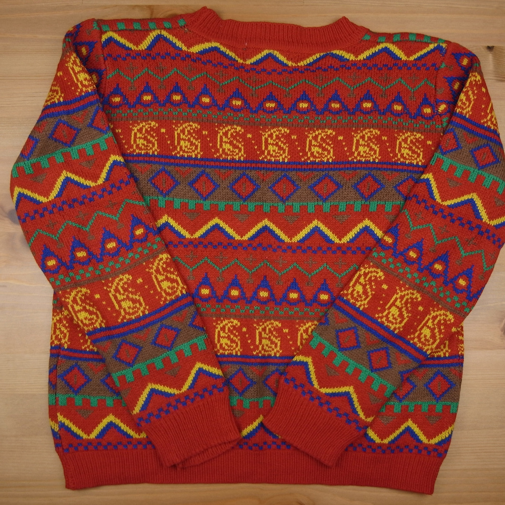 JIEMEIJIA M Red Yellow Festive Geometric Sweater