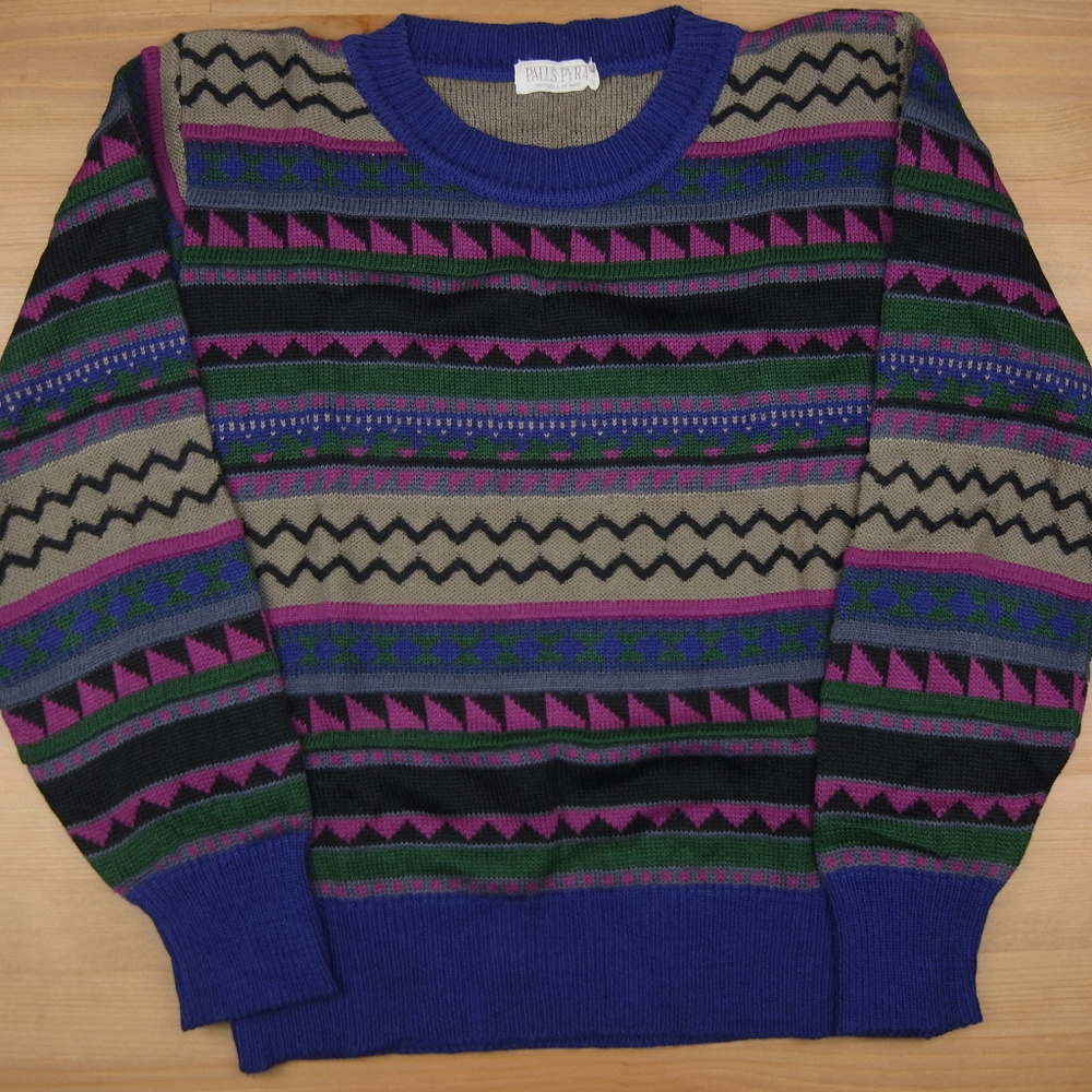 Palls Pyra Medium Purple Green Geometric Sweater