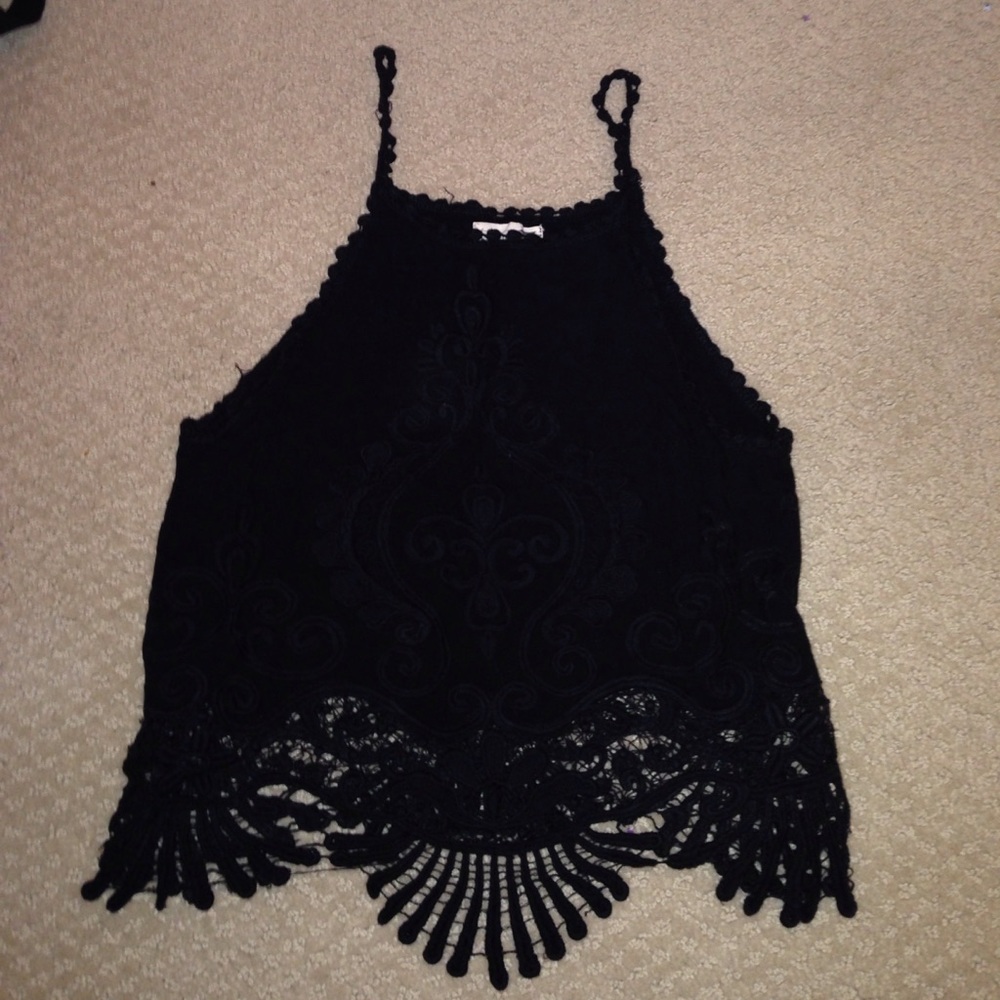Pac Sun Cropped Black Halter Tank With Design