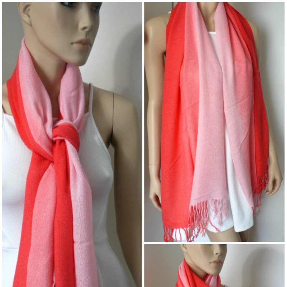 Pink into red faded fringe cashmere scarf