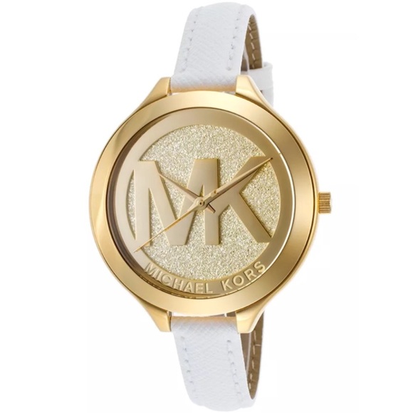 Michael Kors slim runway MK gold logo white watch - Picture 2 of 8