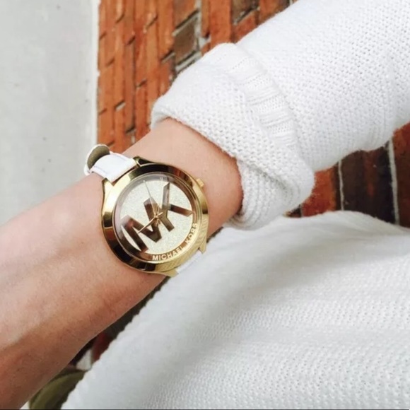 Michael Kors slim runway MK gold logo white watch - Picture 3 of 8